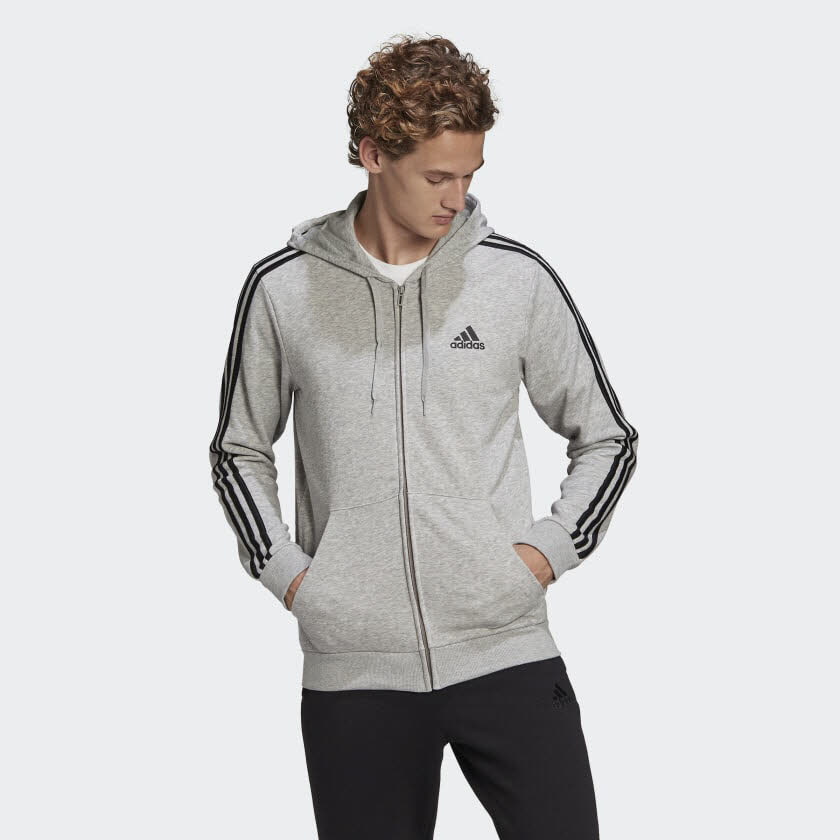 adidas Essentials French Terry 3-Streifen Herren Kapuzenjacke Freizeitjacke grau