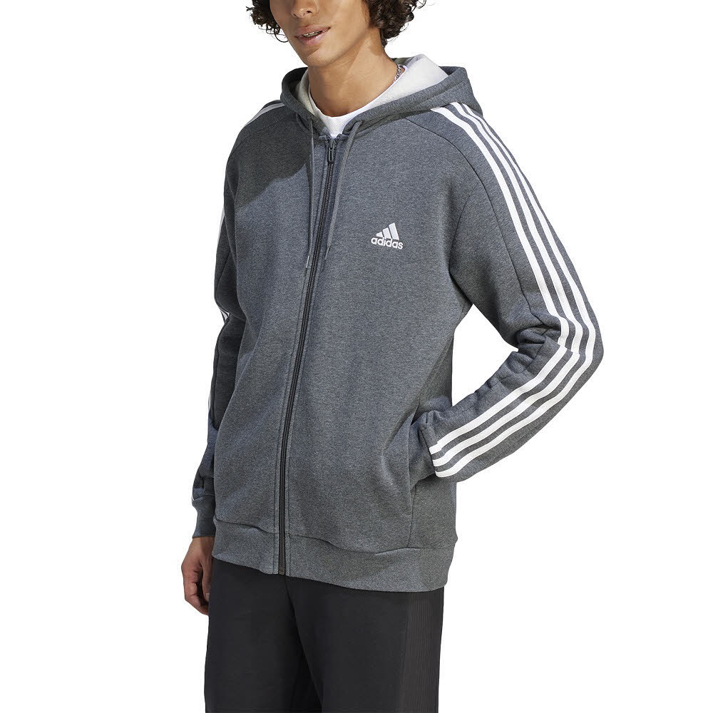 adidas M 3S FL FZ HD Herren Kapuzenjacke Trainingsweste grau NEU