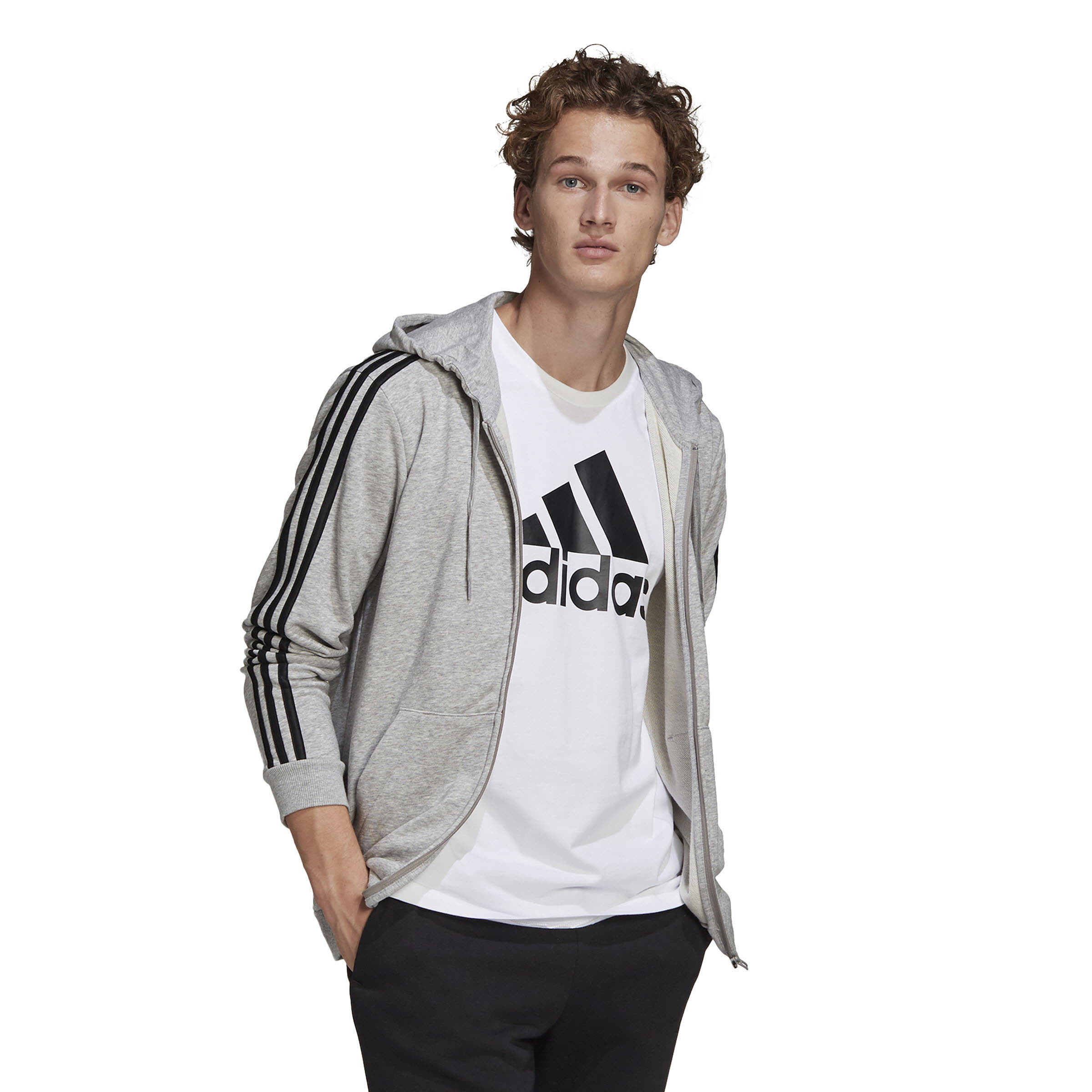 adidas Essentials French Terry 3-Streifen Herren Kapuzenjacke Freizeitjacke grau